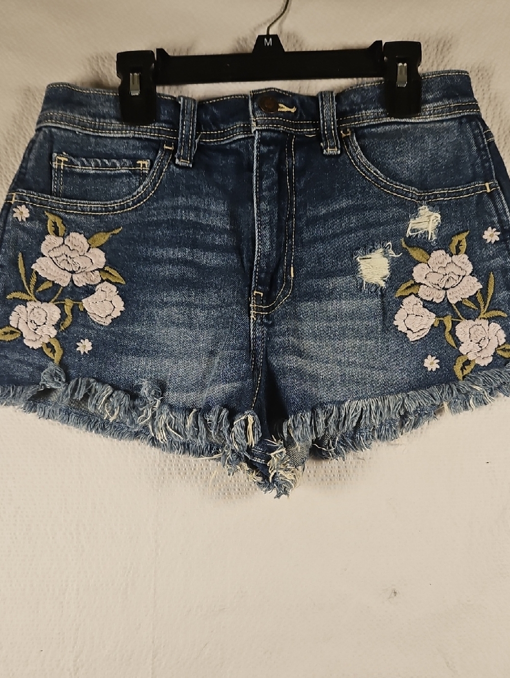 Hollister Vintage Denim Floral Embroidered Frayed Hem Women’s Shorts - Blue